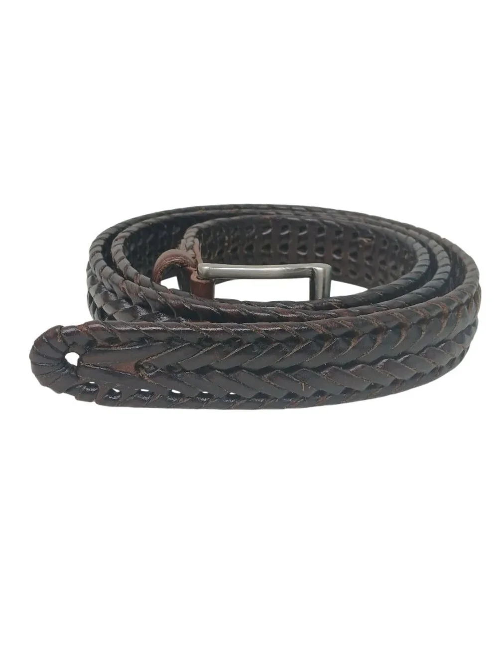 Mens Genuine Leather Braided Belt Silver Buckle 110 / 44 Dark Brown #I-9